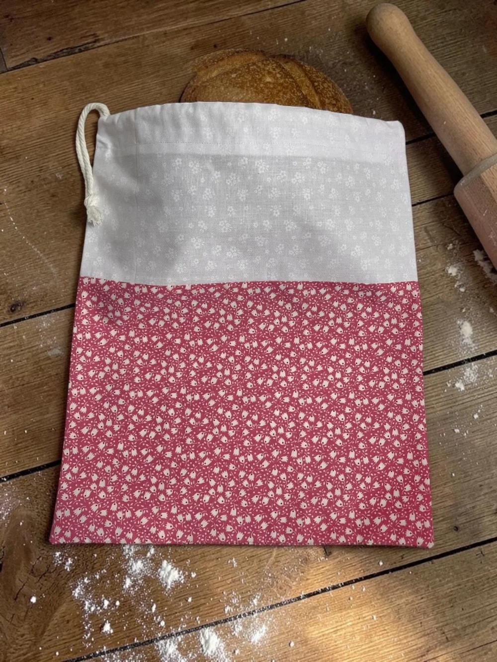 White Tulip & Pink Cotton Bread Bag | Reusable Sourdough Bread Storage Bag